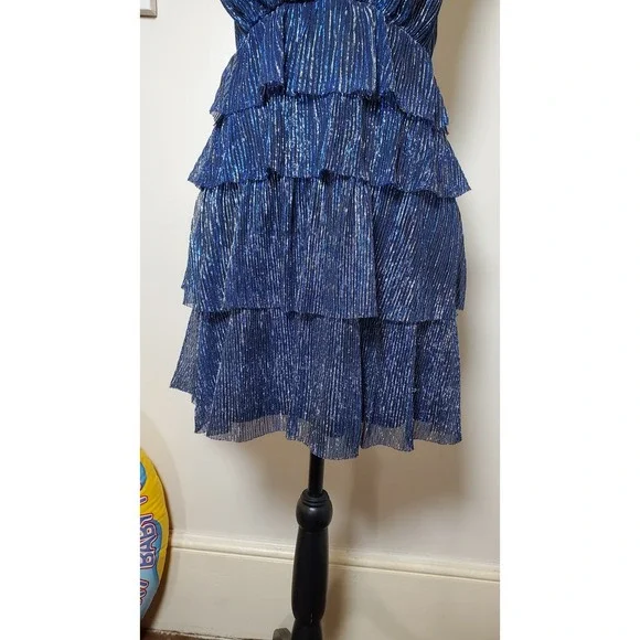 Lulus Blue Silver Metallic Party Mini Dress V Neck Ruffle  Spaghetti Strap large - Picture 9 of 14